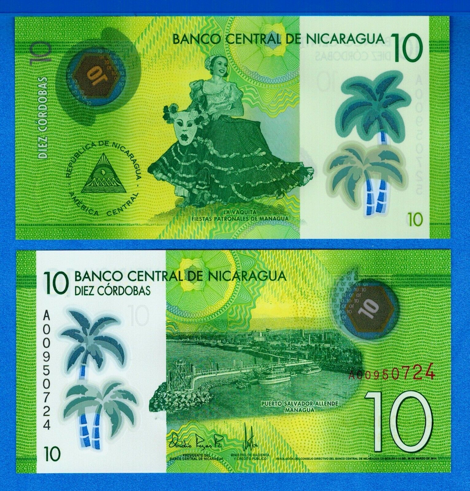 Nicaragua P-209 10 Cordobas Year 2014 Uncirculated Banknote Free Shipping